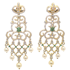 Long Earrings 925 Sterling Silver Gold Rhodium Zircon CZ & Freshwater Pearl Gem Stone Handmade Women Gift Traditional E577 
